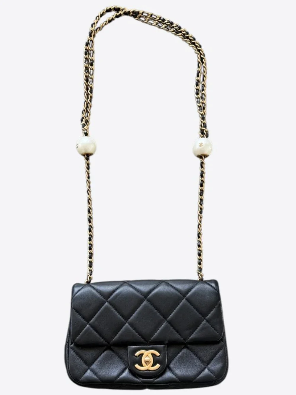Chanel Black Lambskin Quilted Mini Pearl Flap Bag
